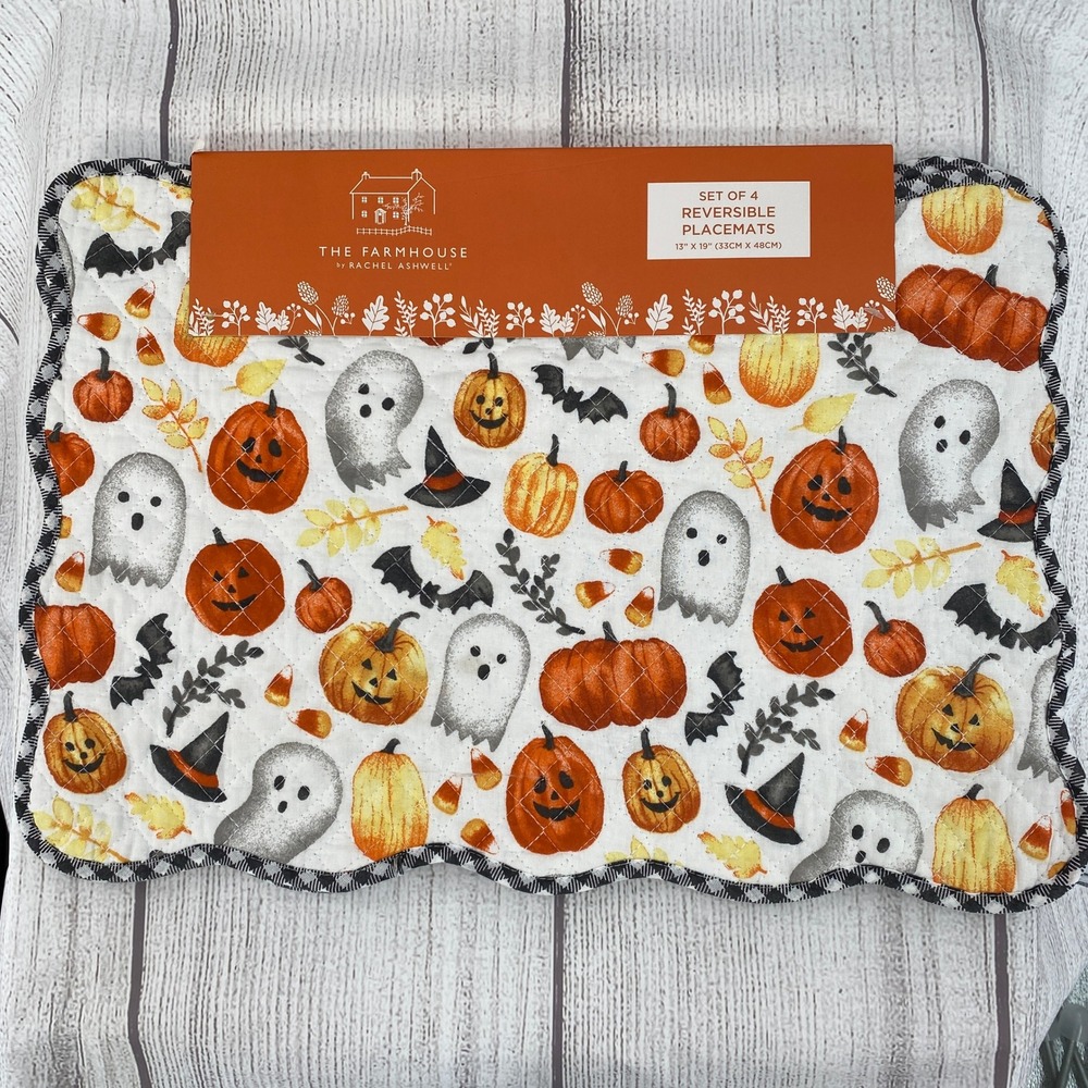 Rachel Ashwell Halloween Placemats (4) Orange Pumpkin Ghost Gingham Reversible